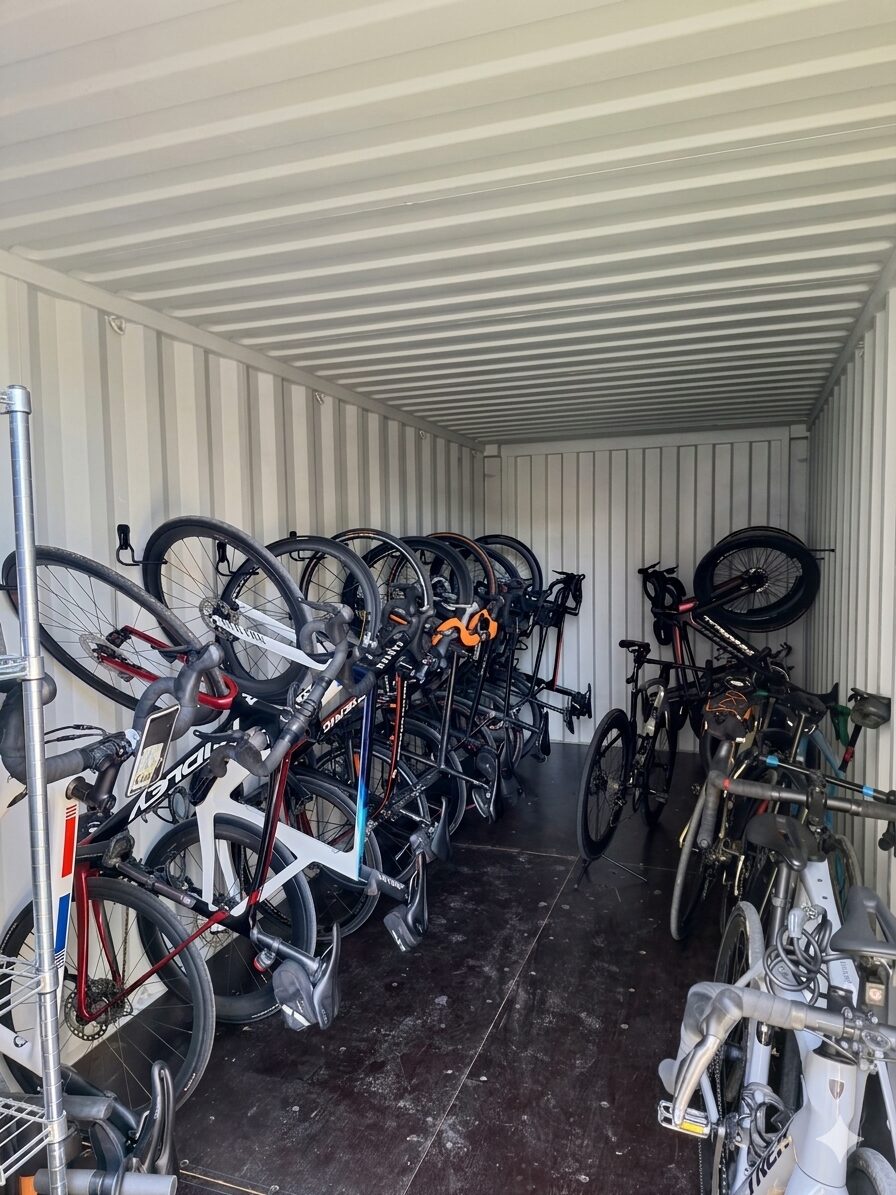 Box sécurisé de l'Hôtel La Perna — capacité 20 vélos avec râteliers suspendus